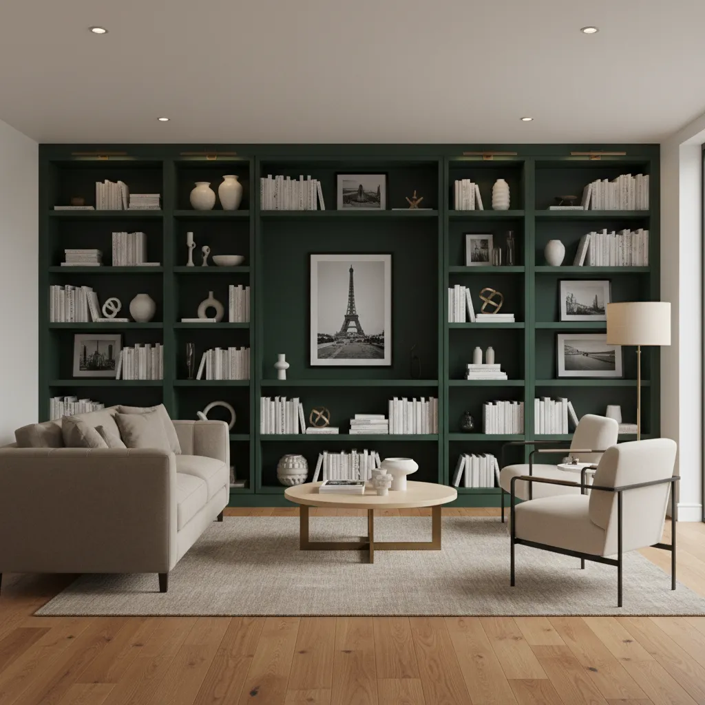 Living room built in shelves painted dark green with books and warm wood accents