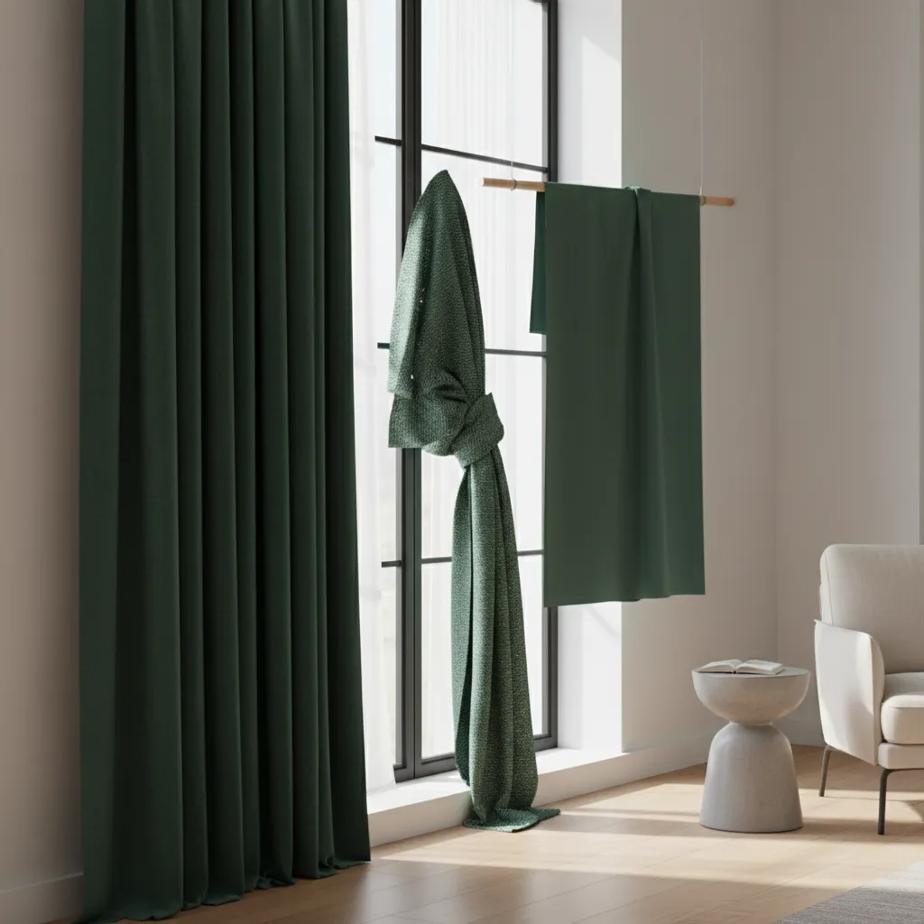 Different curtain fabrics including linen and velvet in dark green