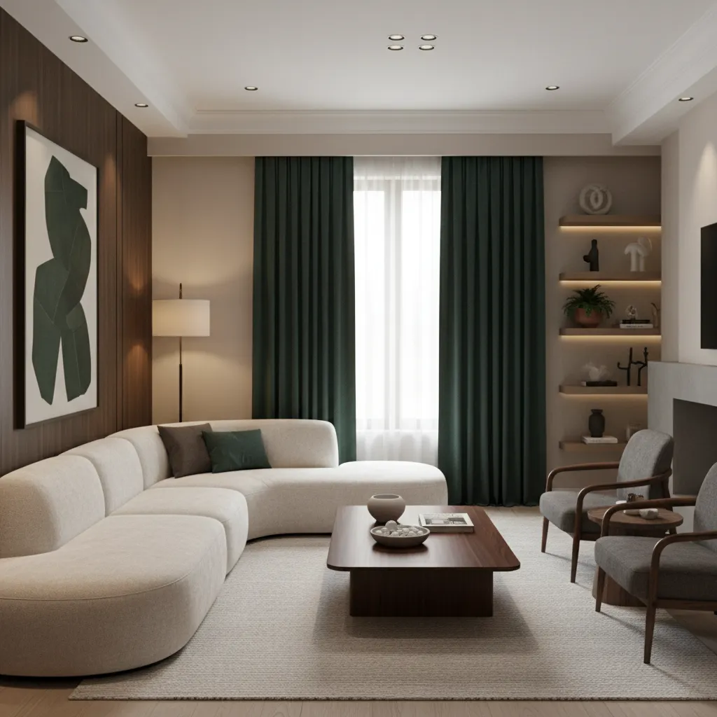 Stylish living room with dark green curtains and balanced furniture layout