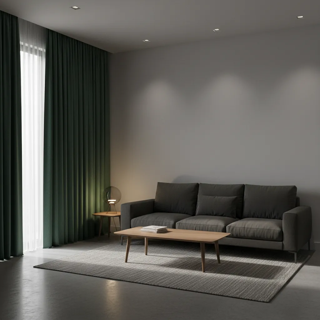 living room appearing dim with heavy dark green curtains and minimal lighting