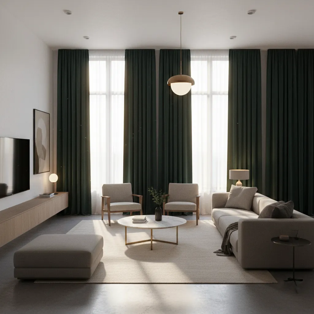 Dark green curtains changing appearance under different lighting conditions