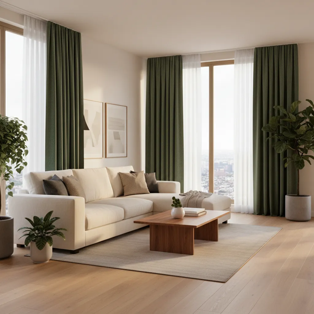 Modern living room with dark green curtains and neutral furniture