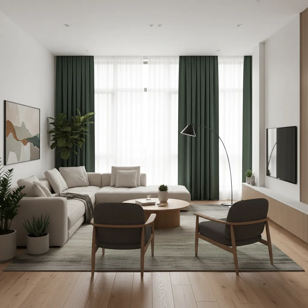 Modern living room with dark green curtains beside large windows