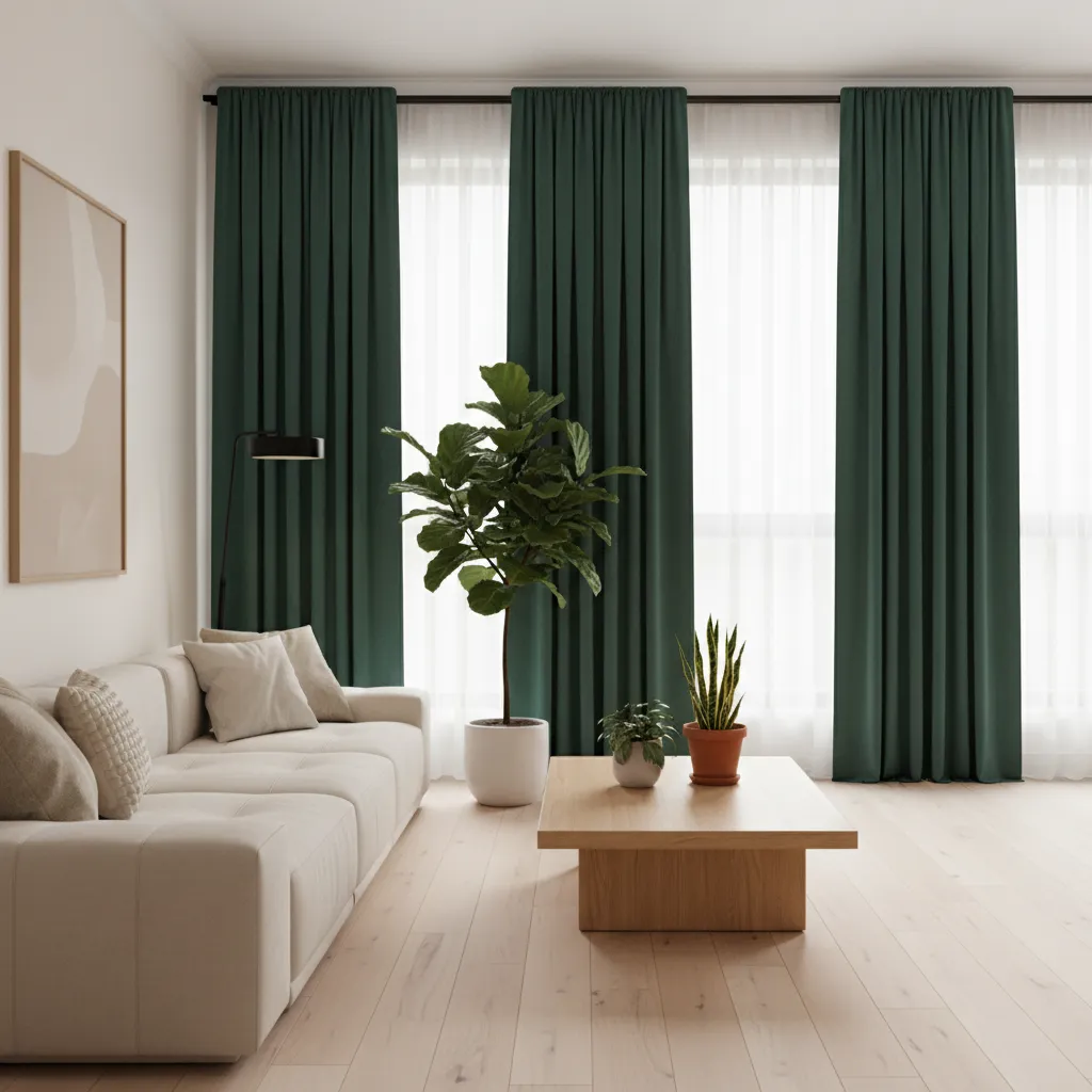 Modern living room featuring dark green curtains with neutral furniture