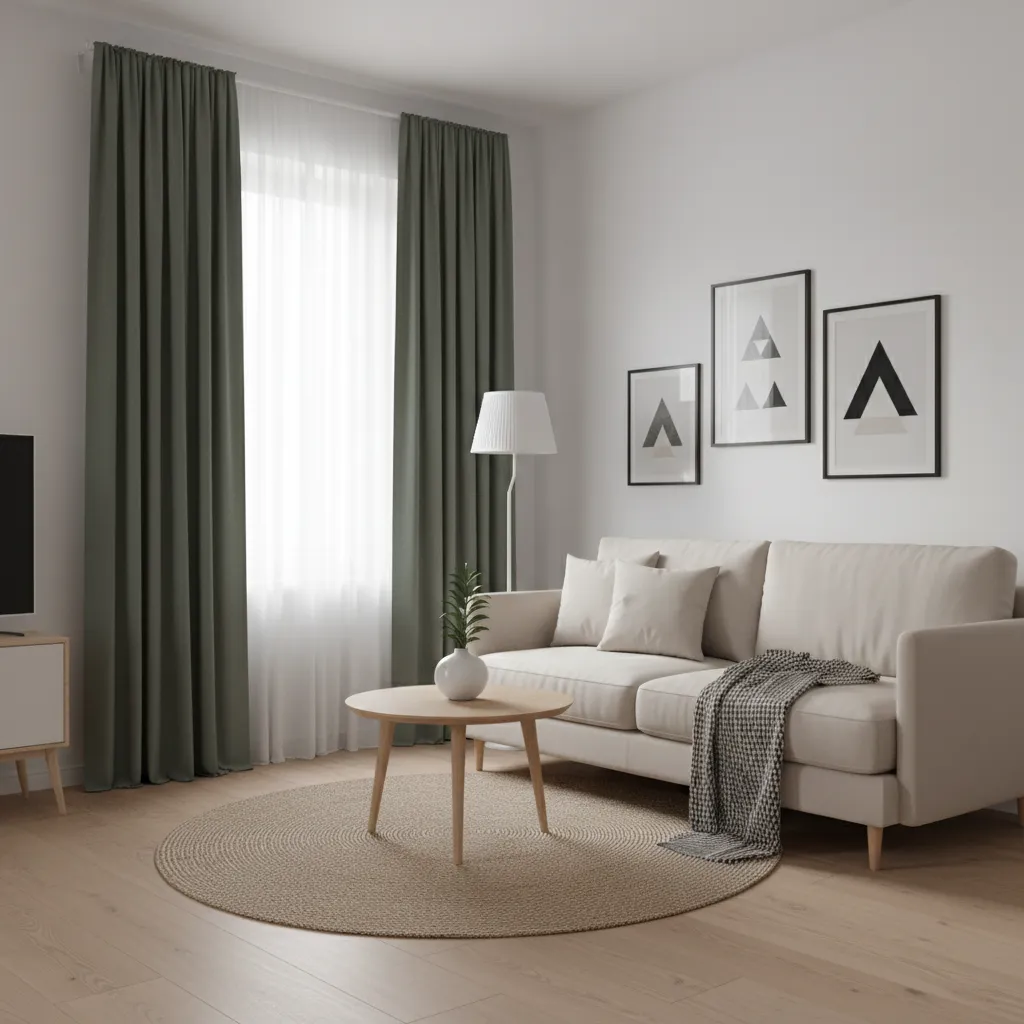 Compact living room with dark green curtains and light colored furniture