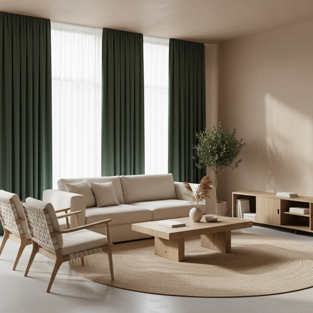 dark green curtains paired with warm beige walls in modern living room