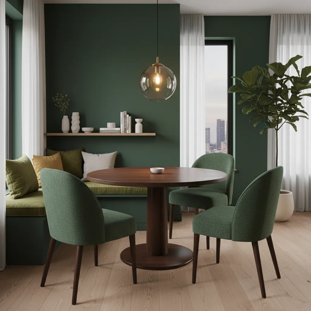 Cozy small dining nook surrounded by deep green walls and warm pendant light
