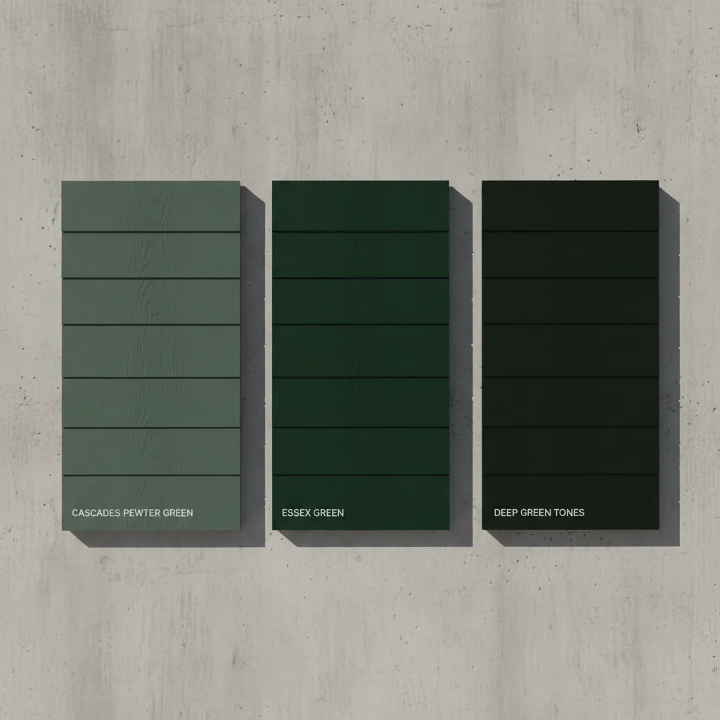 Exterior paint comparison showing Cascades, Pewter Green, and Essex Green samples