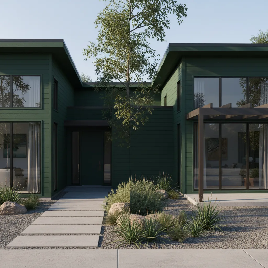 Comparison of dark green exterior paint under sunlight and shade