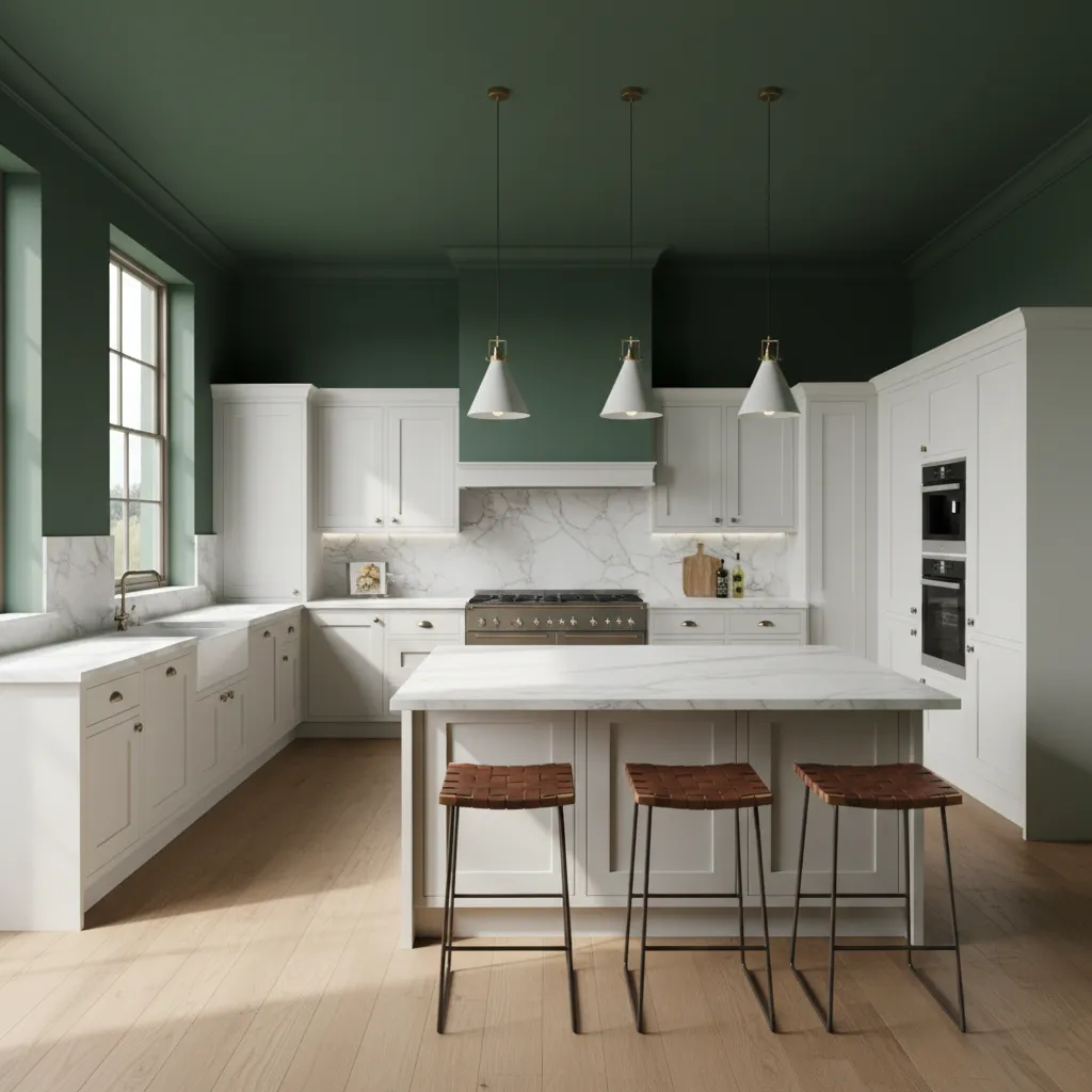 Dark forest green kitchen wall with white cabinets and bright lighting