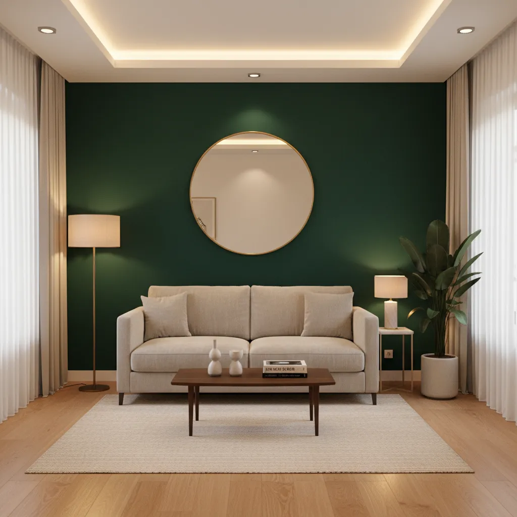 Small room with dark green feature wall and light furniture