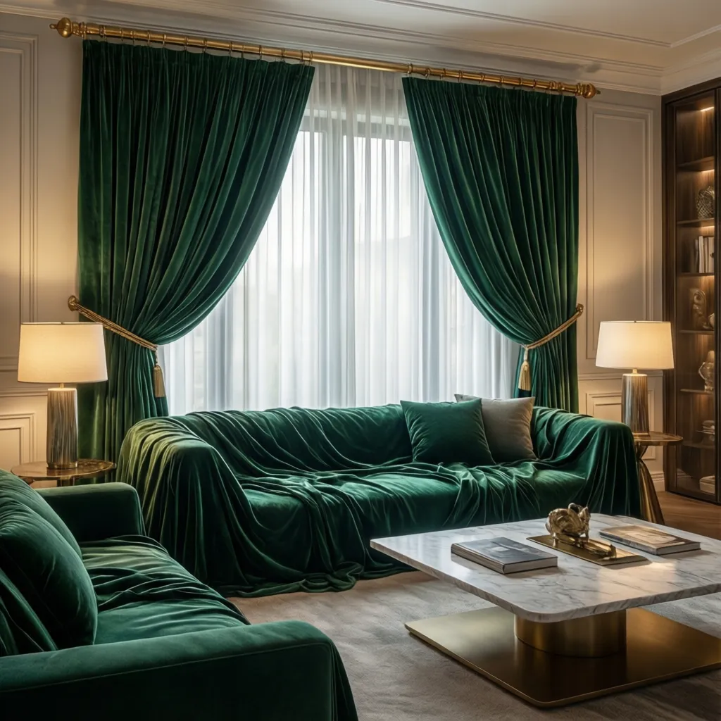 Luxury living room with deep green velvet curtains