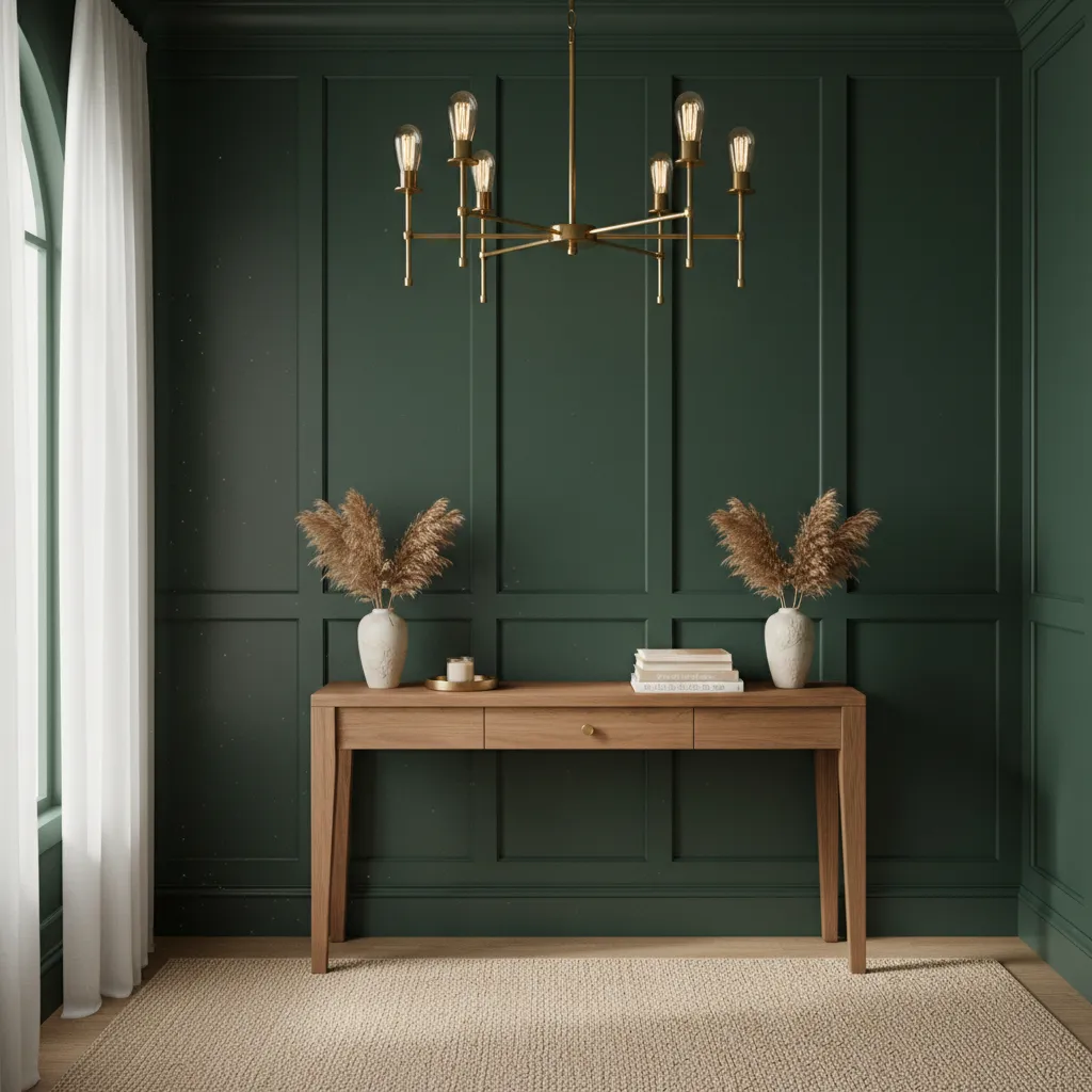 Elegant room with dark green vertical wall panels and warm wood furniture