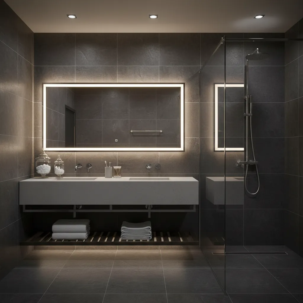 Dark grey tile bathroom brightened with white accessories and glass containers