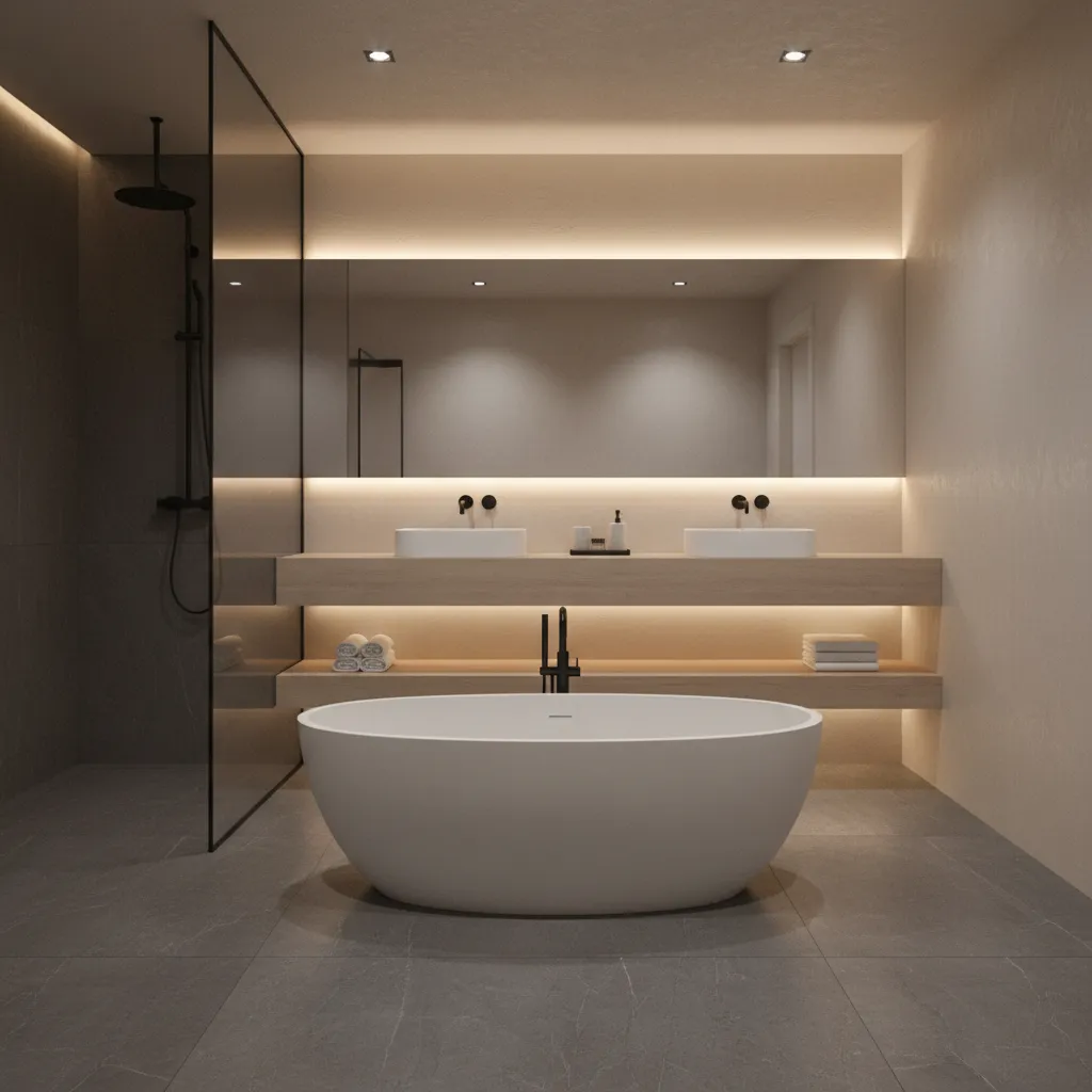Modern luxury bathroom with dark grey flooring and minimalist design