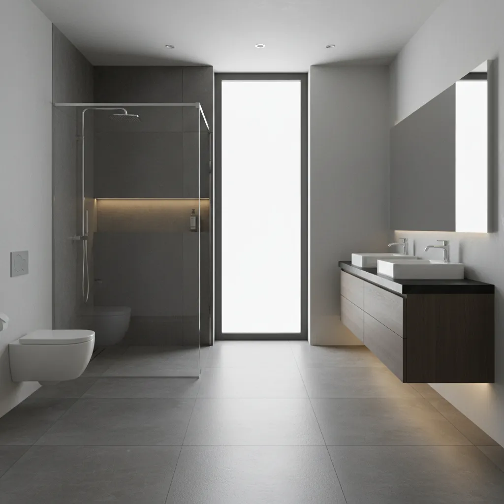 Modern luxury bathroom with dark grey porcelain tile floor and glass shower