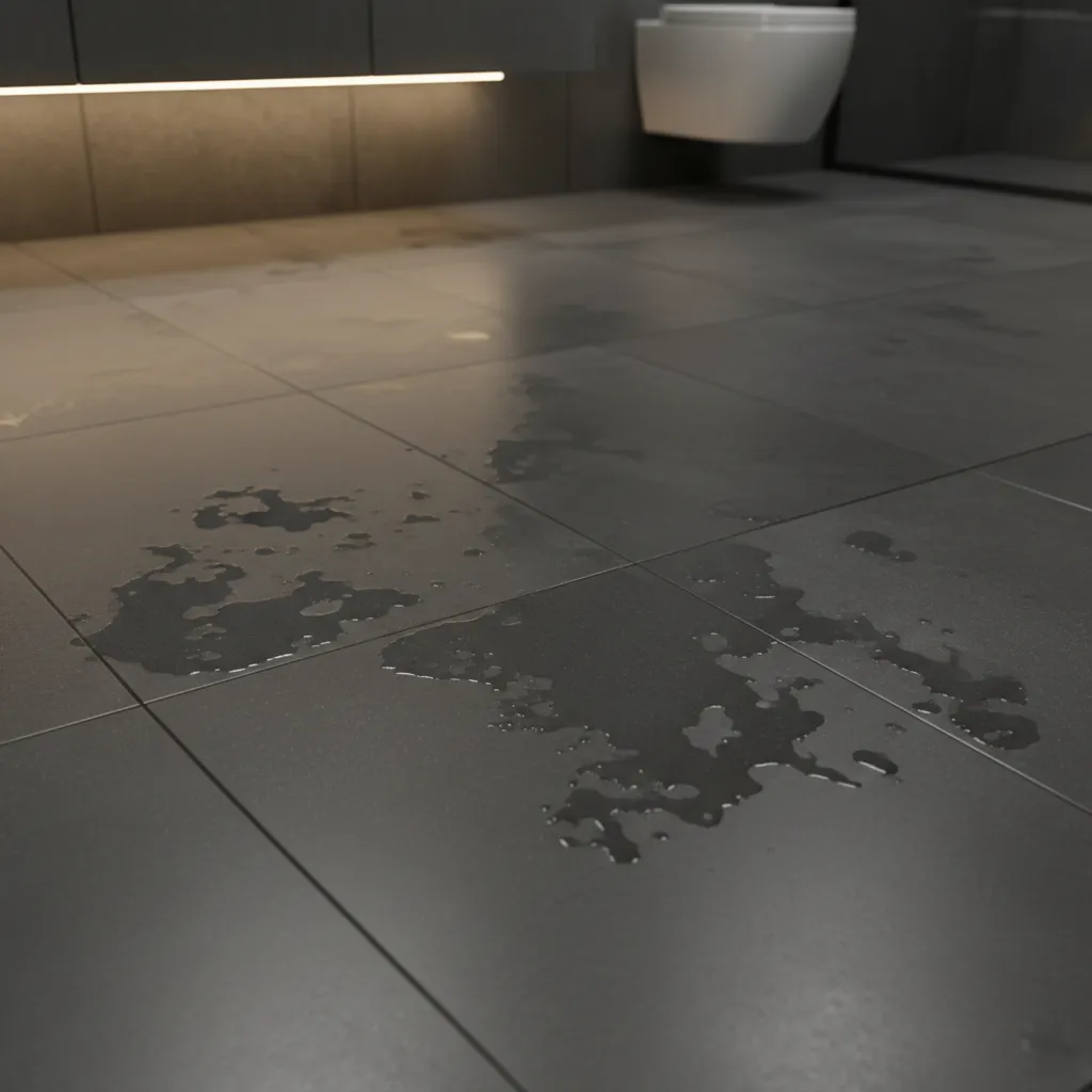 Close view of dark grey bathroom floor tiles showing visible water spots