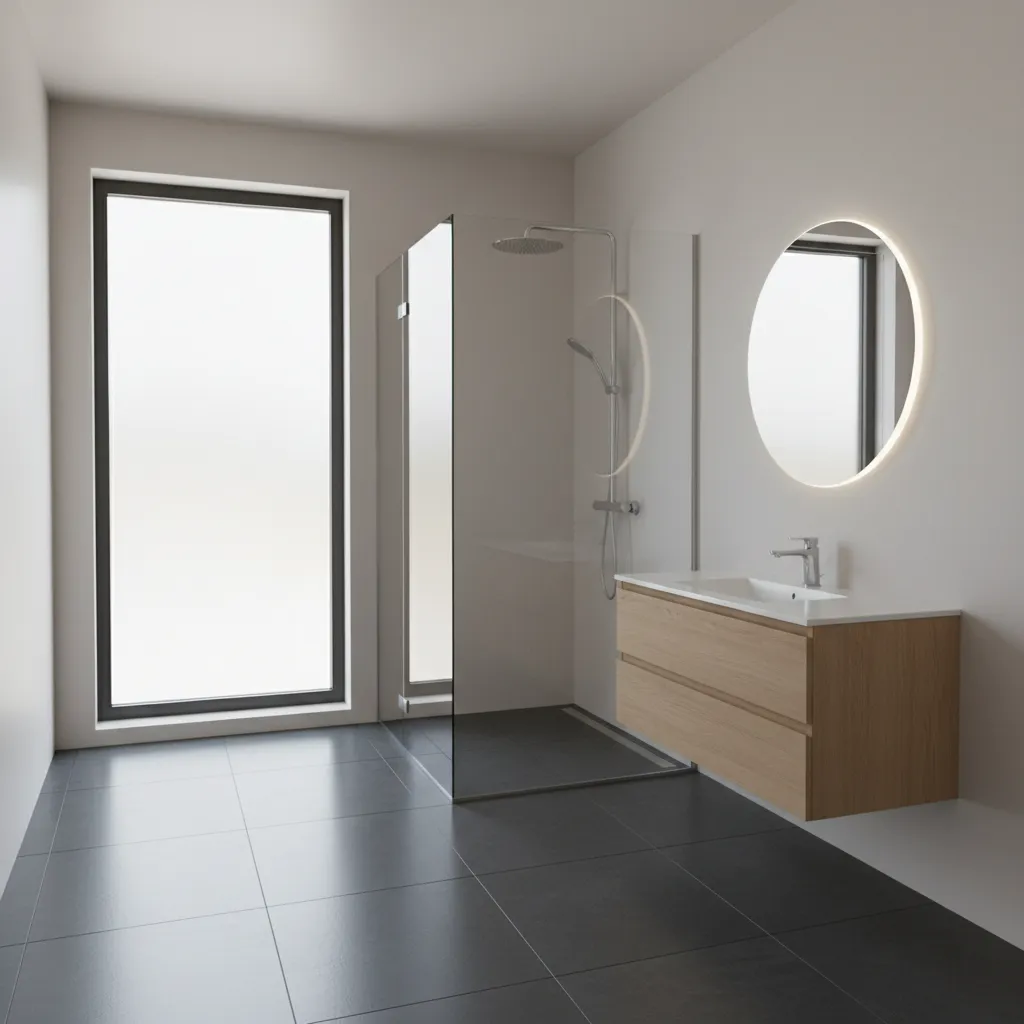 Modern bathroom with dark grey floor tiles and natural daylight from a large window