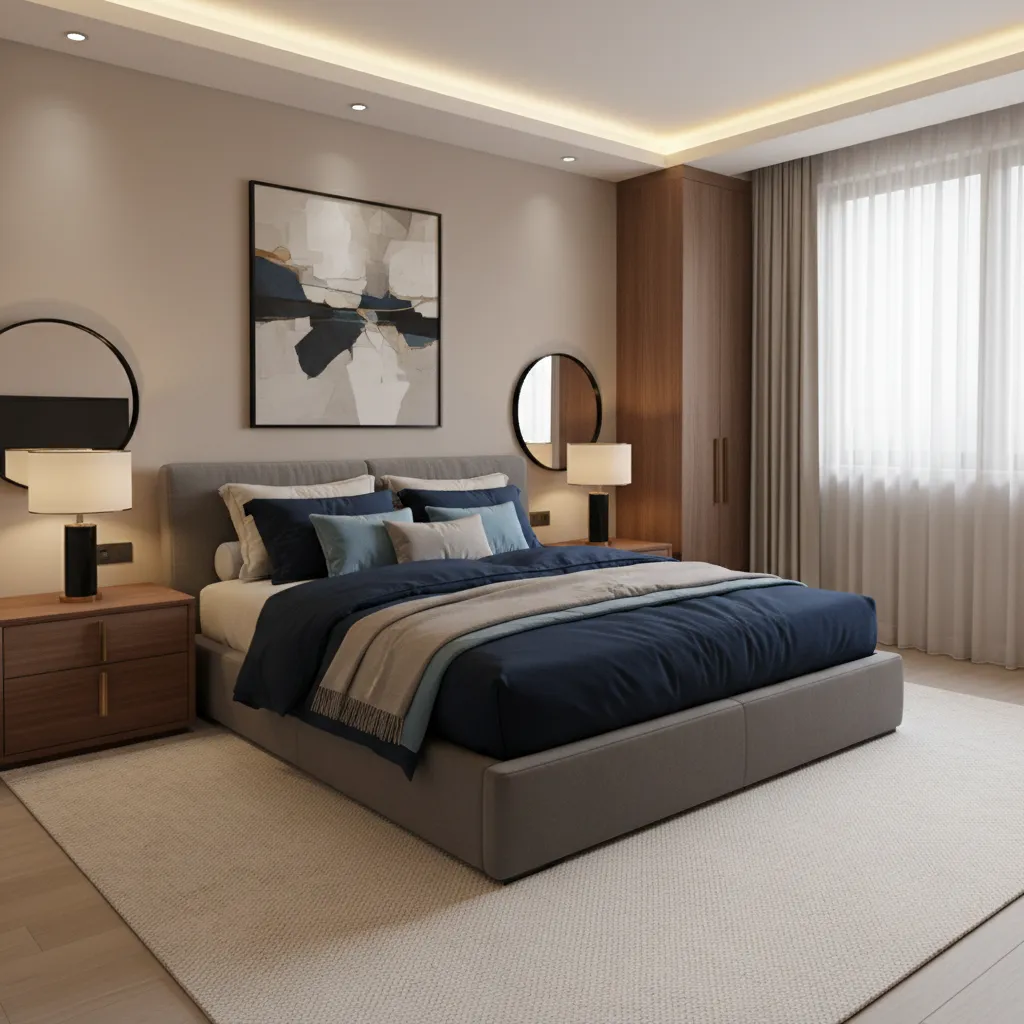 Bedroom palette example featuring dark grey bed frame with beige walls and navy bedding
