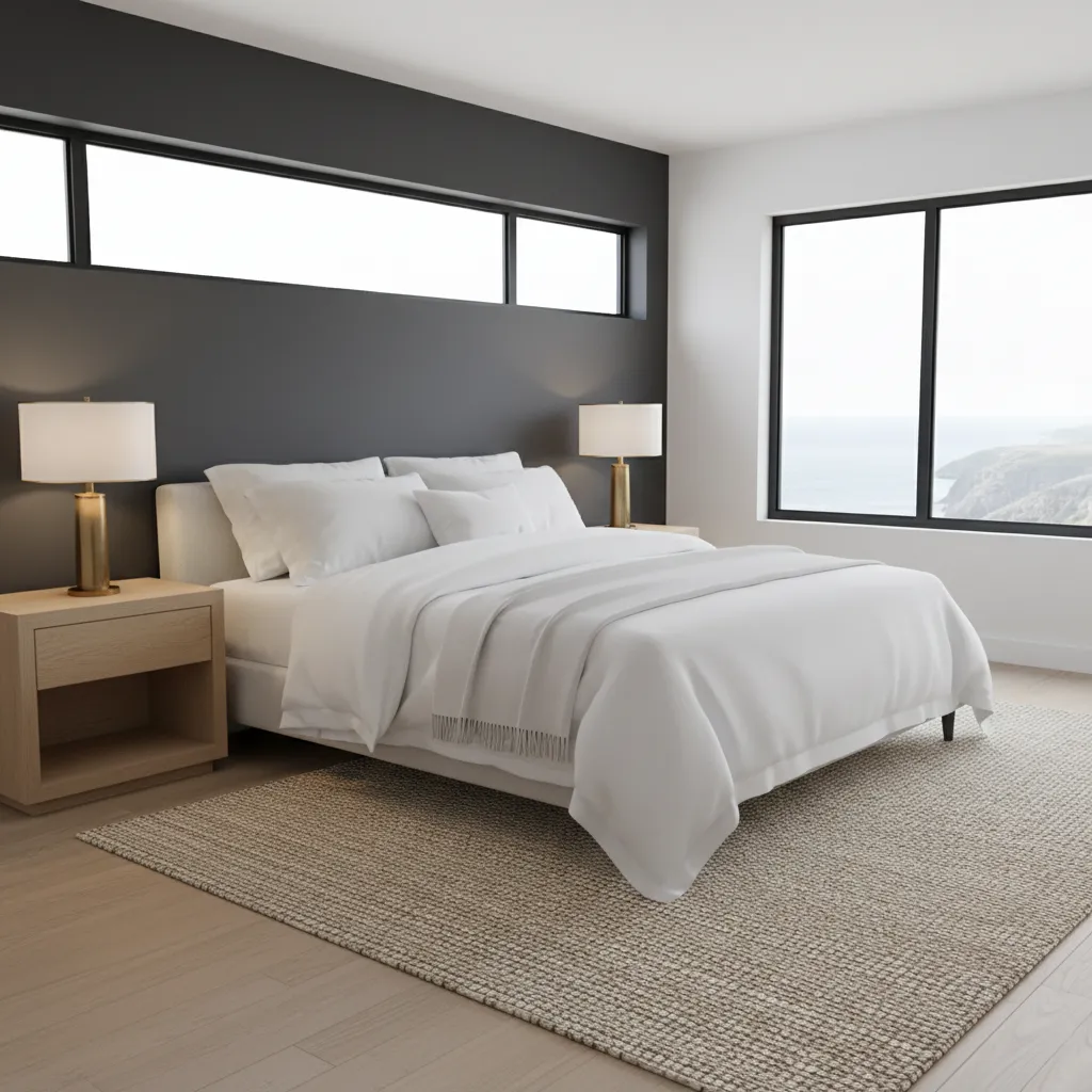 Dark grey coastal bedroom with white bedding and wood accents