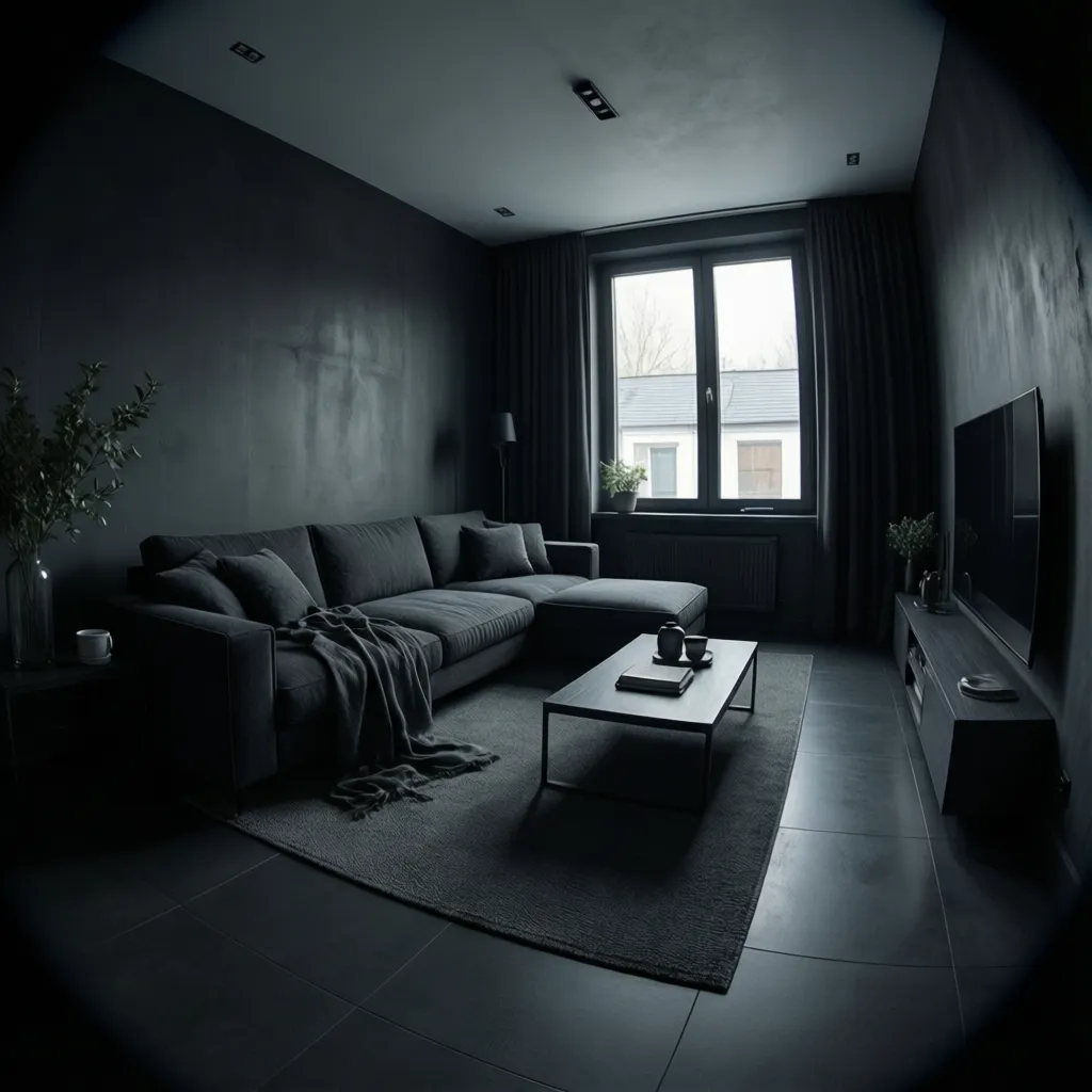 Dark grey living room with minimal contrast and dark flooring