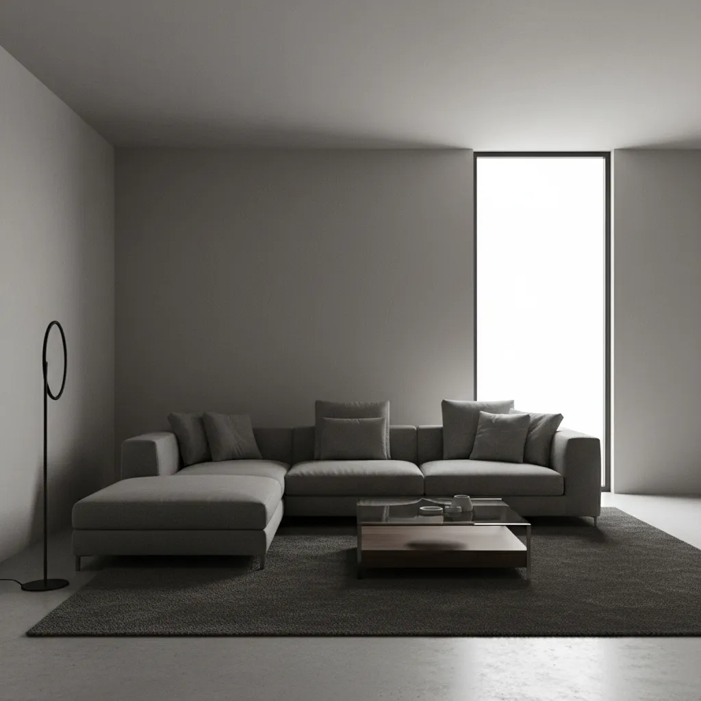 Minimalist living room with grey sofa, dark rug, glass coffee table, and light from window