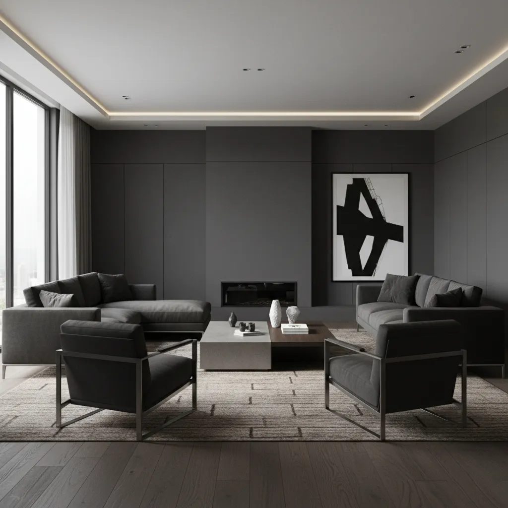 Dark grey living room with large rug anchoring sofa and chairs