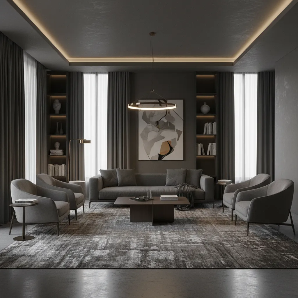 Dark grey living room with patterned rug and modern seating layout