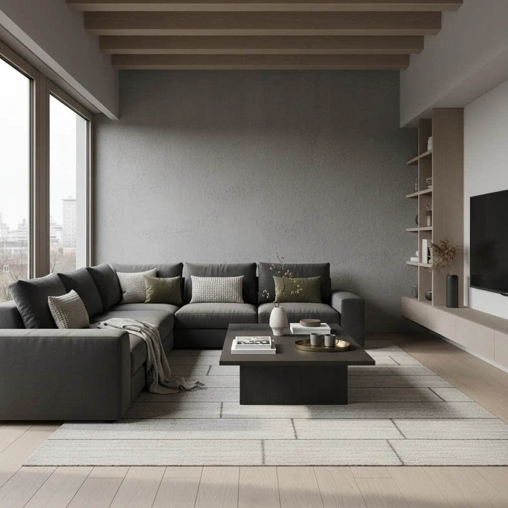 Living room with grey sofa wooden ceiling beams textured wall and low dark wood table