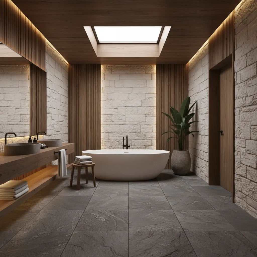 Luxury bathroom with dark grey natural stone flooring such as slate or marble