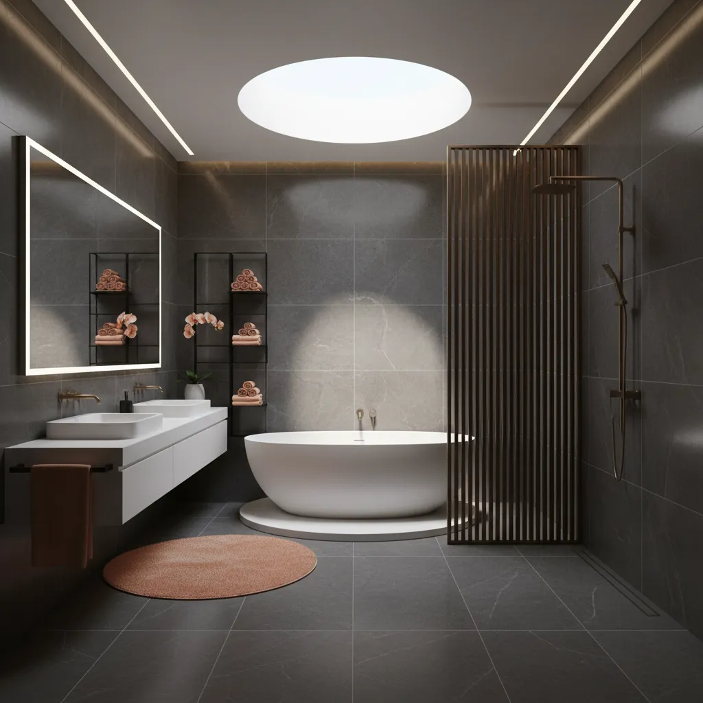 Dark grey bathroom interior with peach accent decor and warm lighting