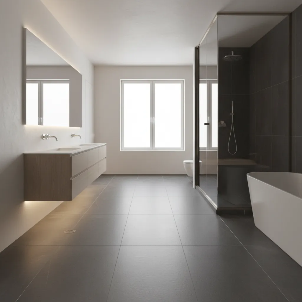 Large format dark grey porcelain tiles in a luxury bathroom floor