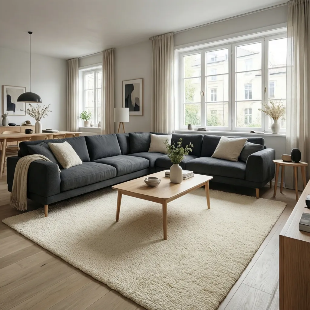 Dark grey sofa paired with a cream neutral rug in a modern living room