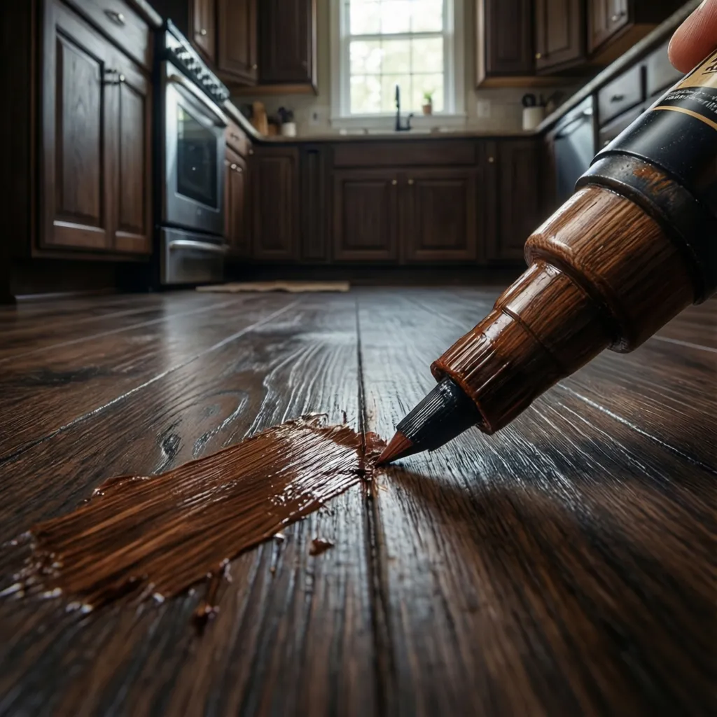 repairing scratch on dark hardwood kitchen floor
