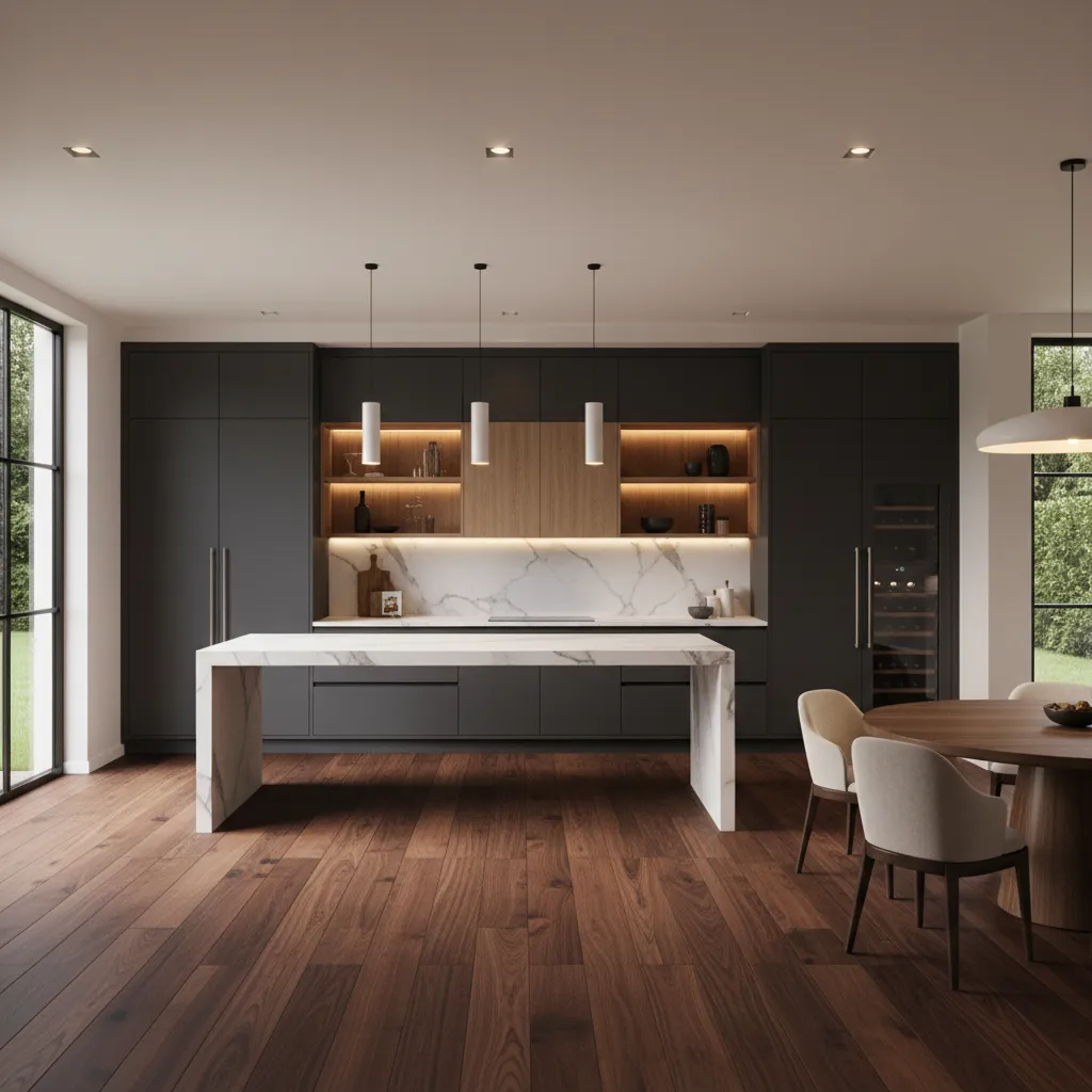 Luxury kitchen interior with dark hardwood flooring and modern cabinetry