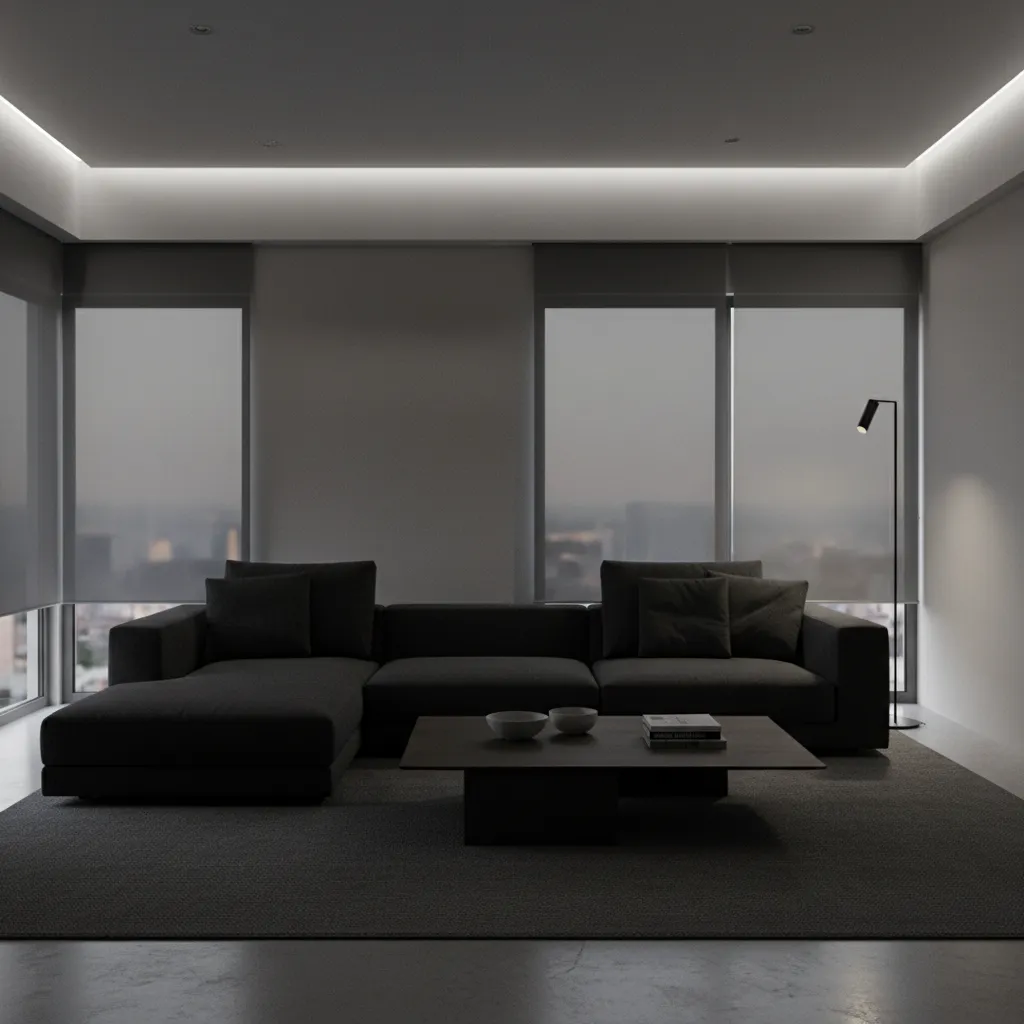 Minimalist dark living room with black sofa wood coffee table floor lamp and large windows