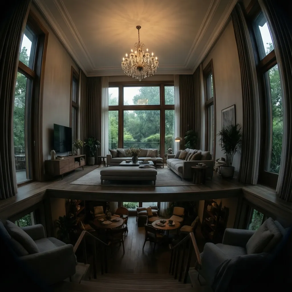 dim high ceiling living room with chandelier and dark seating area