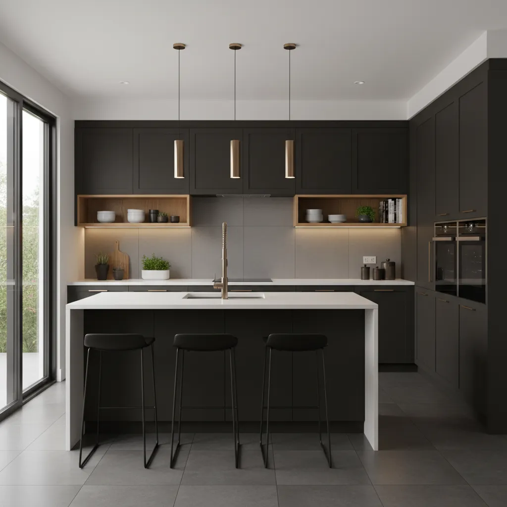 Dark kitchen cabinets with light countertops and metallic hardware contrast