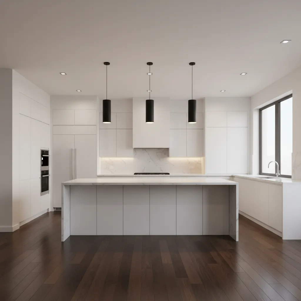 Kitchen with dark walnut flooring contrasting white cabinetry