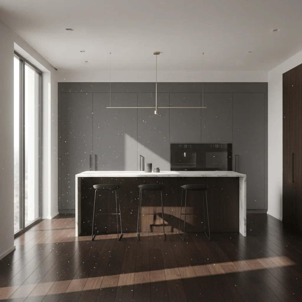 dark hardwood kitchen floor showing visible dust under sunlight