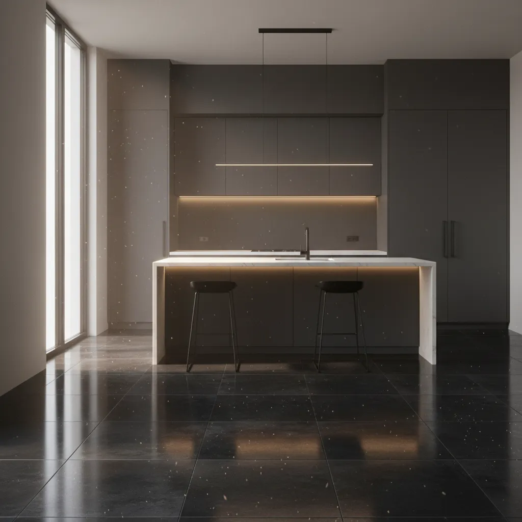 Modern kitchen with dark floor showing dust visibility under sunlight