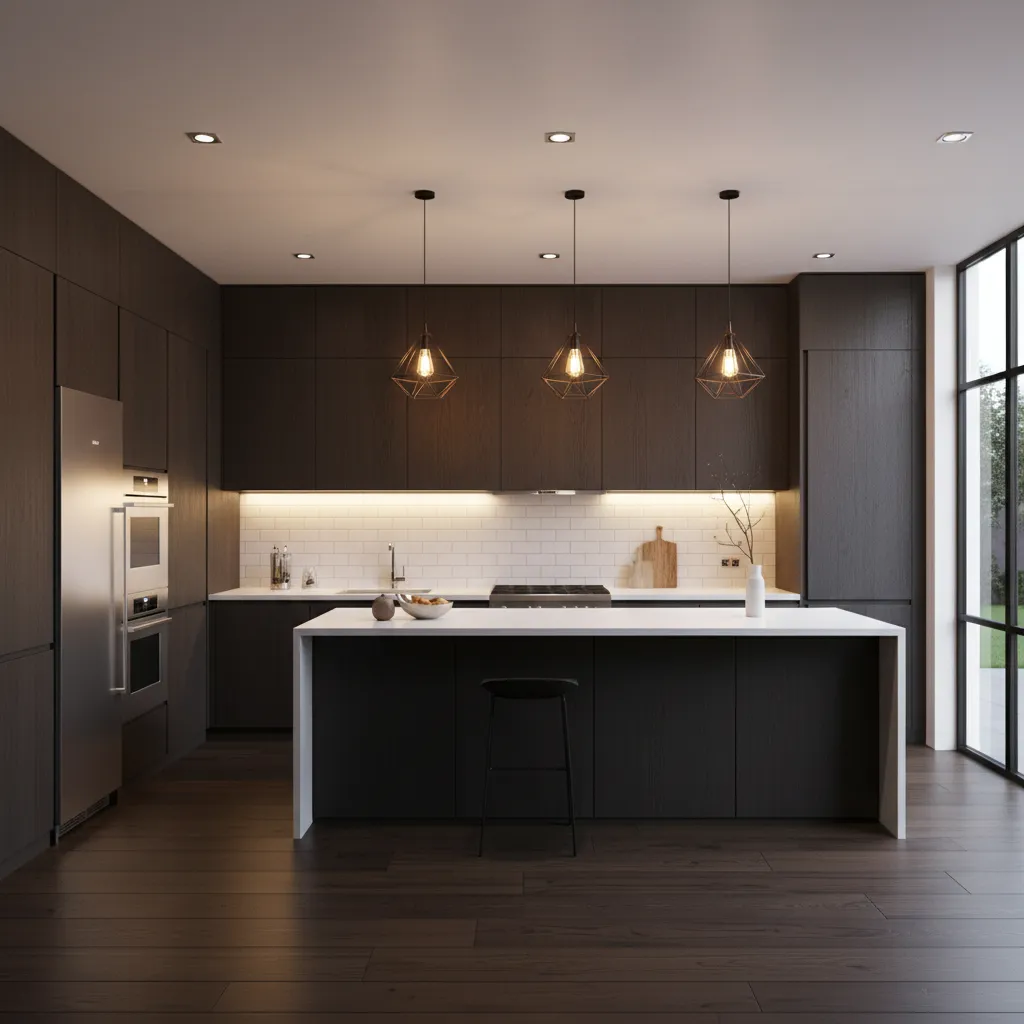 kitchen with dark floors and layered lighting design