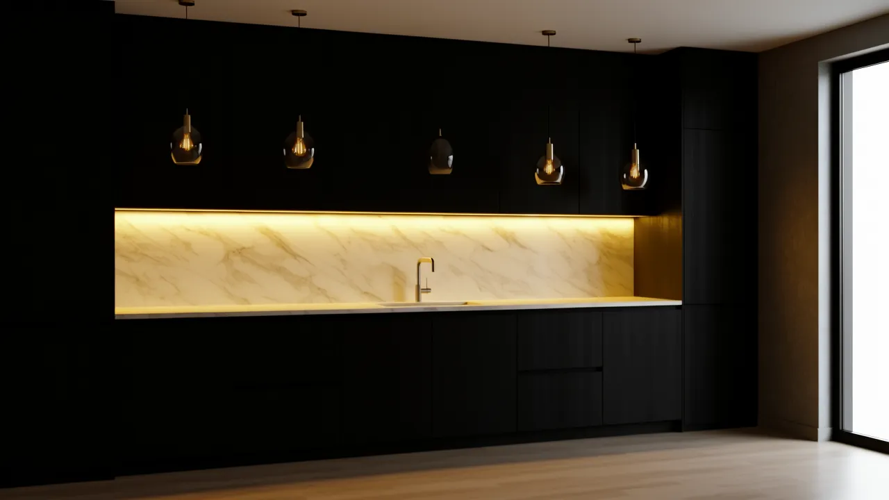 dark kitchen with under cabinet lighting illuminating counters