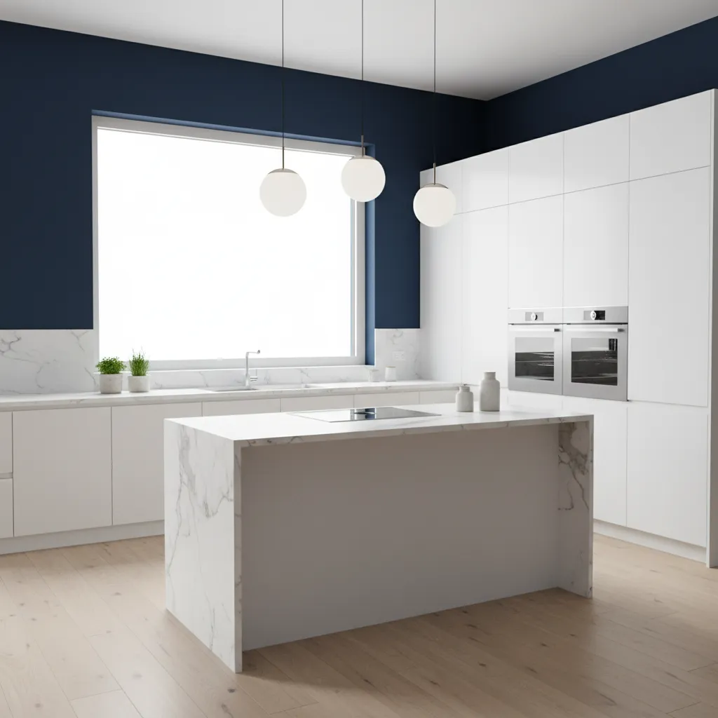 modern kitchen with dark blue wall color and bright lighting