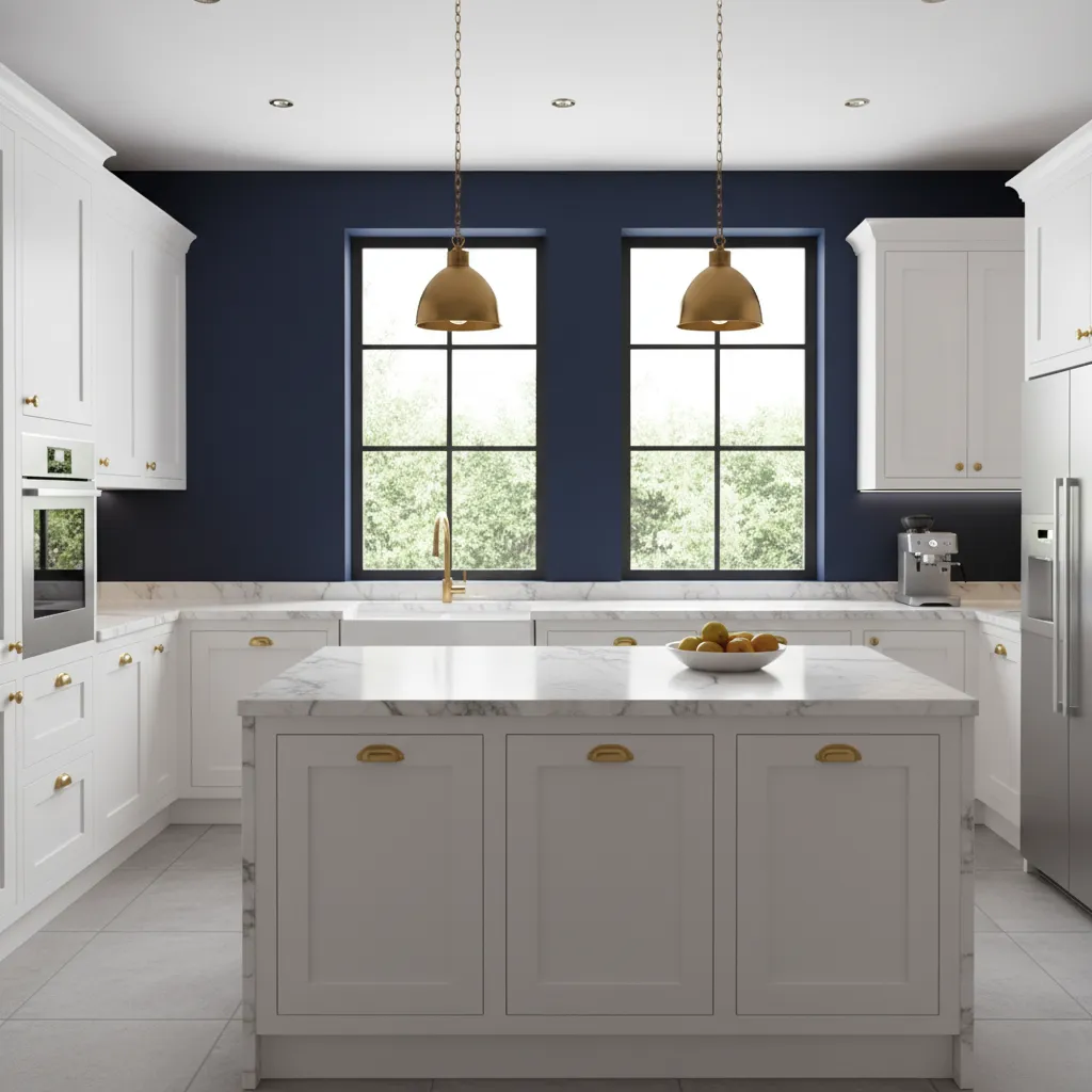 modern kitchen with deep navy walls and white cabinets