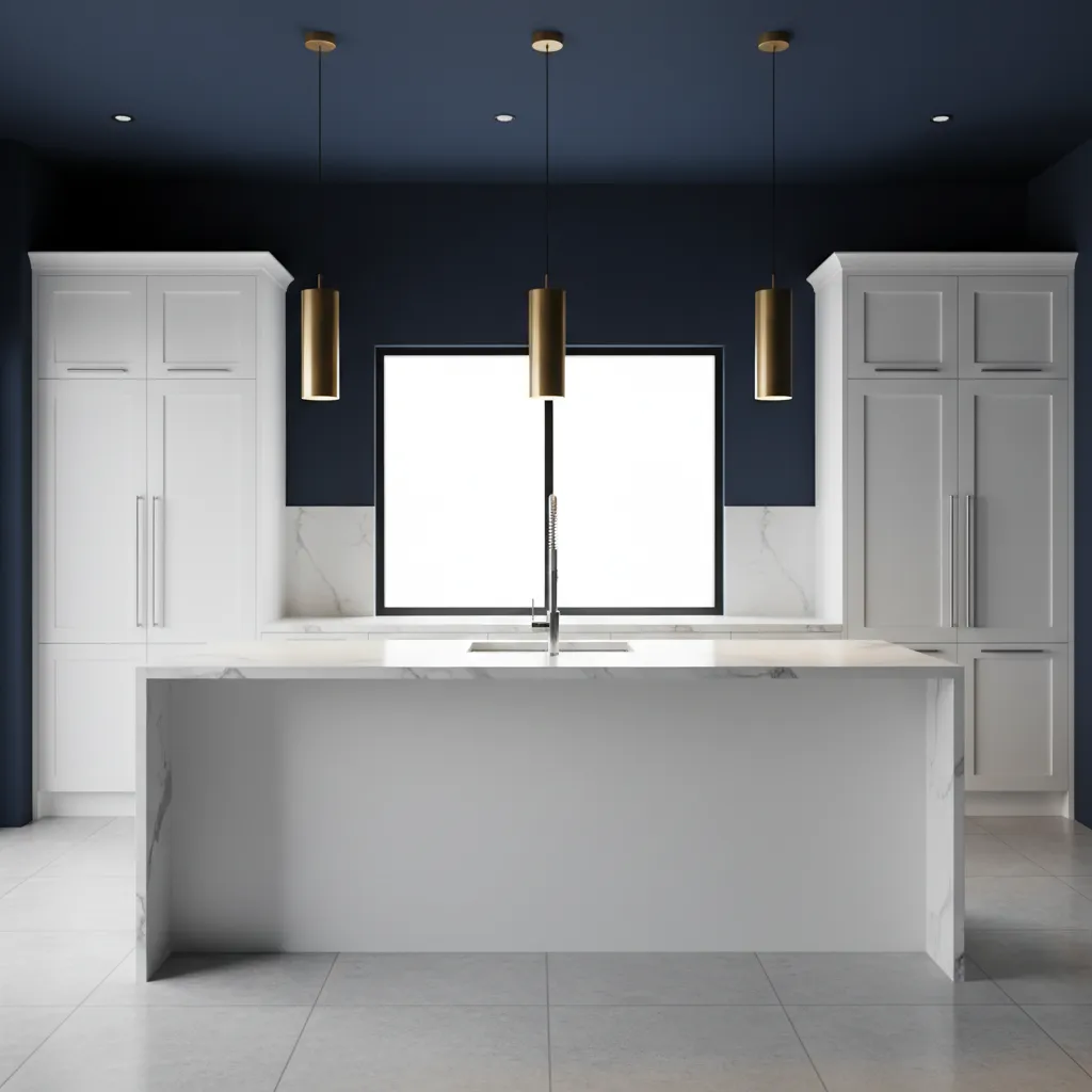 Kitchen with dark navy wall color and white cabinets