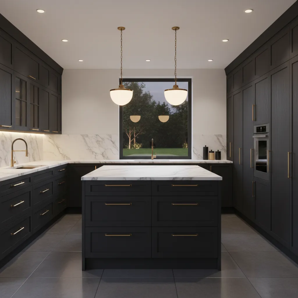 Modern dark kitchen with brass handles and dramatic lighting