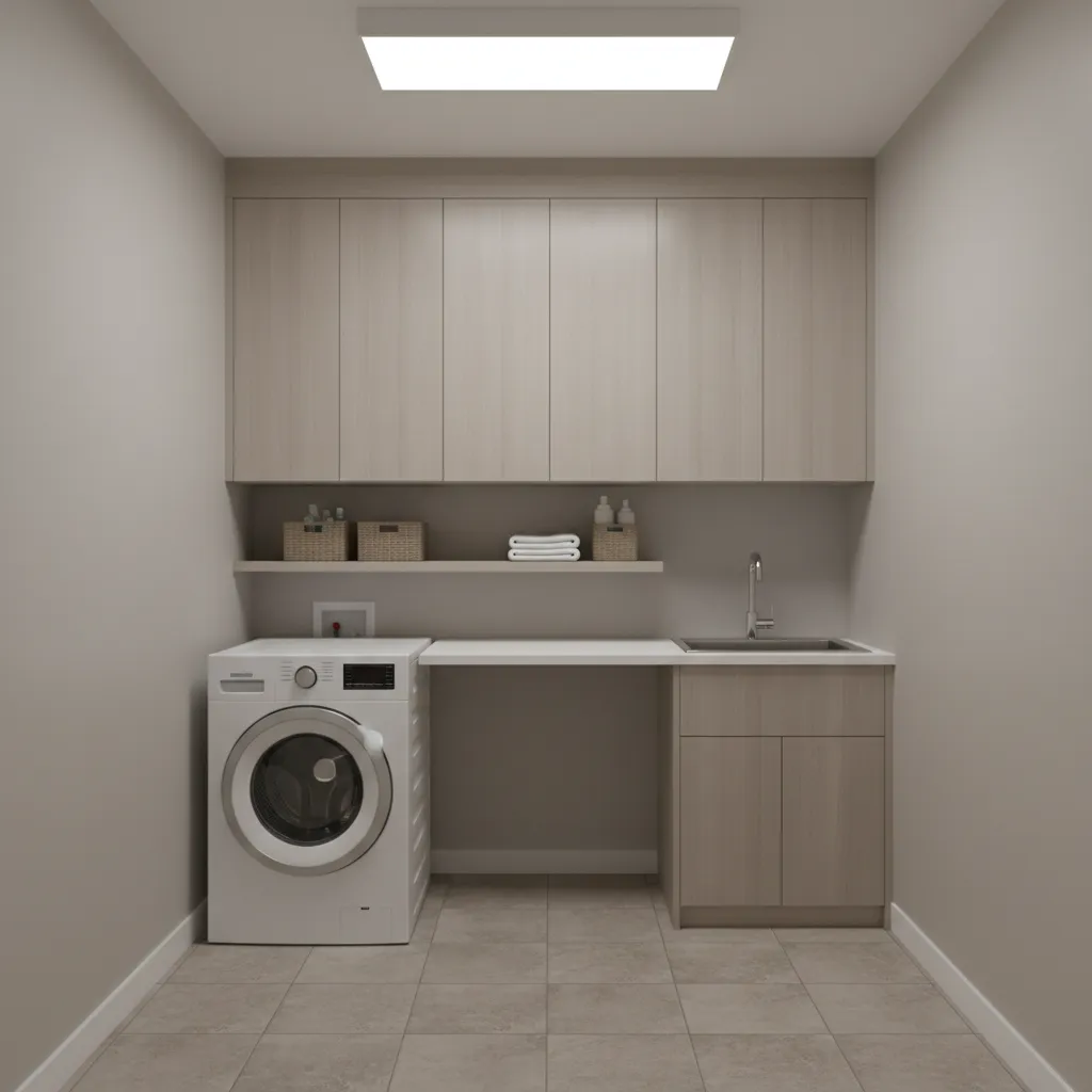 Small windowless laundry room with neutral light paint and LED lighting
