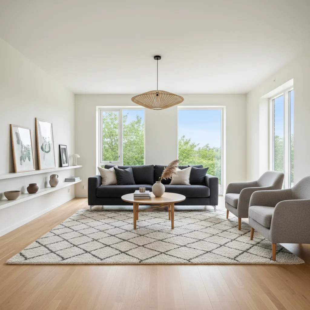 Spacious living room with a dark sofa two grey chairs patterned rug and large windows