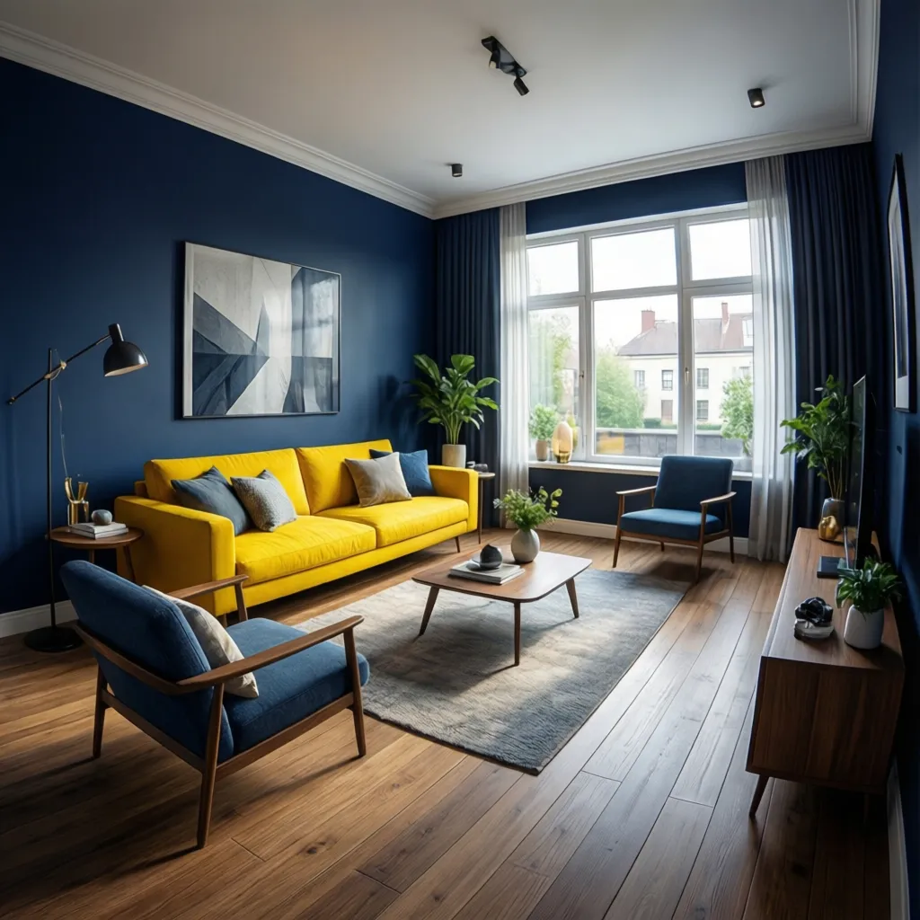 Living room with dark blue walls, bright yellow sofa, blue chairs, wood floor, and window